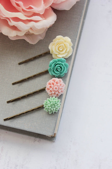 Floral Bobby Pins | Mint and Pastel Pink | Flower Hair Pins