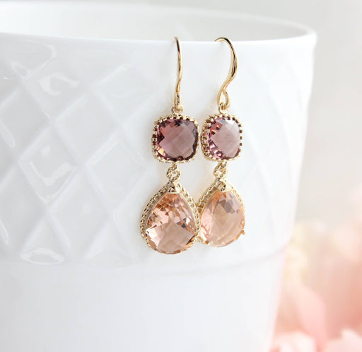 Peach Glass Earrings | Modern Earrings | Dusty Plum Teardrop