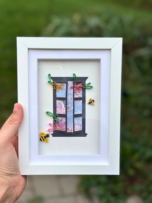Handmade Quilled Paper Art: Window with Flowers & Bees (5x7)