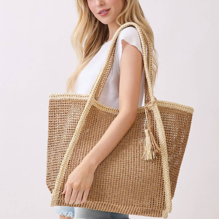 Two Tone Woven Straw Tote Bag
