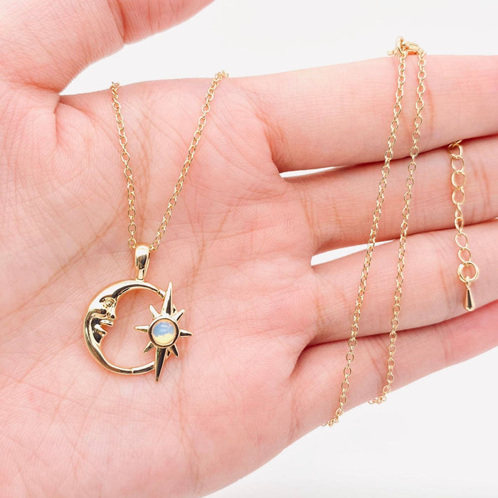 Hollow Star Moon Inlaid Opal Gold Plated Necklace - MS