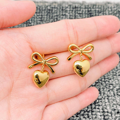 18K Gold Plated Heart Shape Charm Bow Post Earrings - FGS