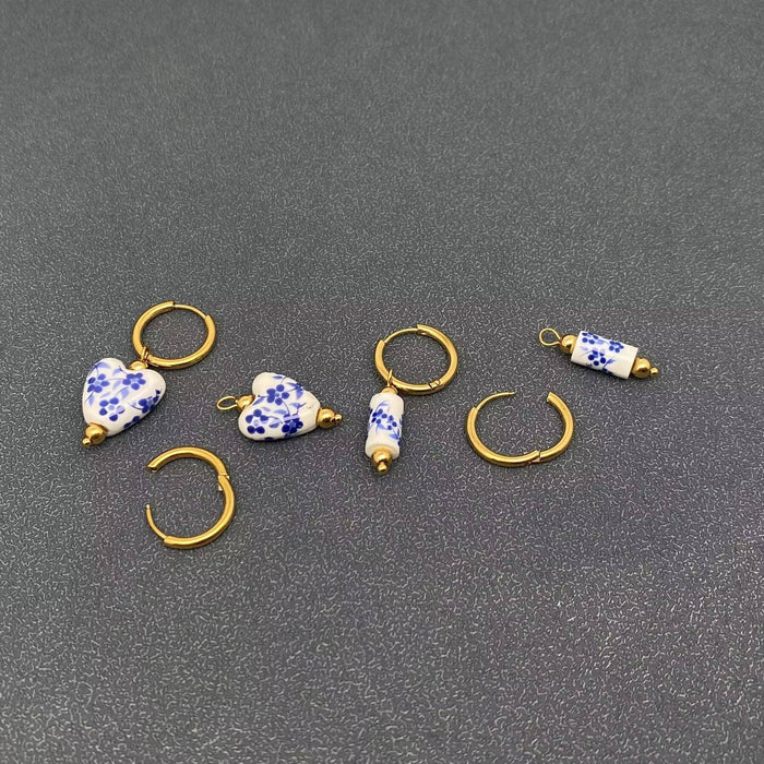 Blue and White Porcelain 18K Golden SS Huugie Earrings - FGS