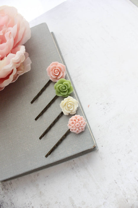 Flower Hair Pins - Pink and Green