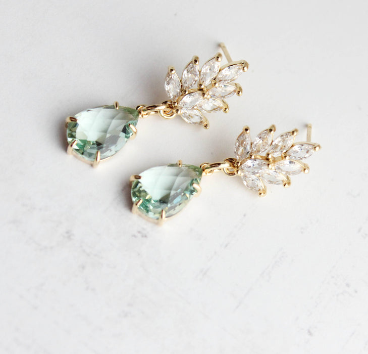 Glass Leaf Earrings | Rhinestone Studs | Gold