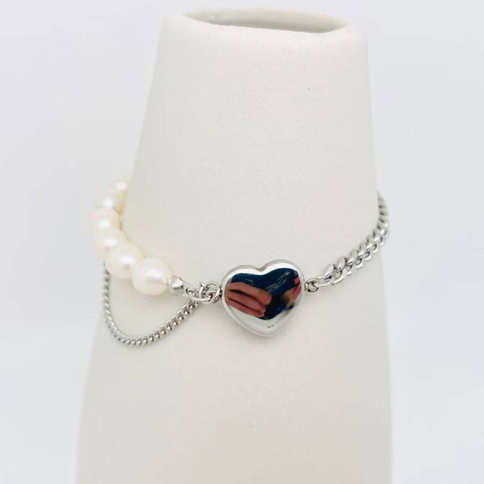 Heart-shaped Pendant Pearl Stainless Steel Chain Bracelet