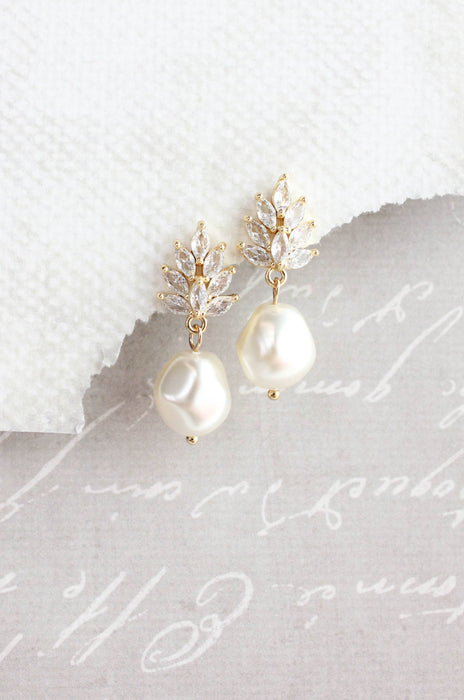 Glass Leaf Post Earrings | Baroque Pearl | Gold or Silver