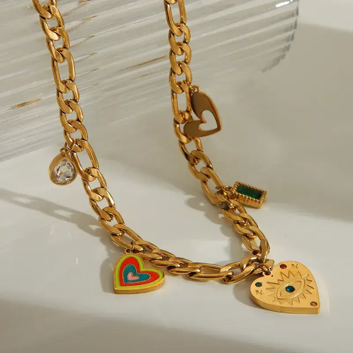 Charm Necklace with Hearts and Color Rhinestones