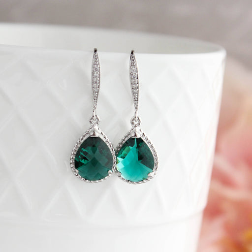 Emerald Green Glass Earrings - Jewel Ear Wire - Rope Setting