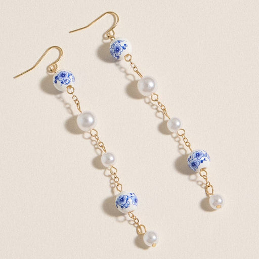 Blue Porcelain and Pearl Drop Earrings