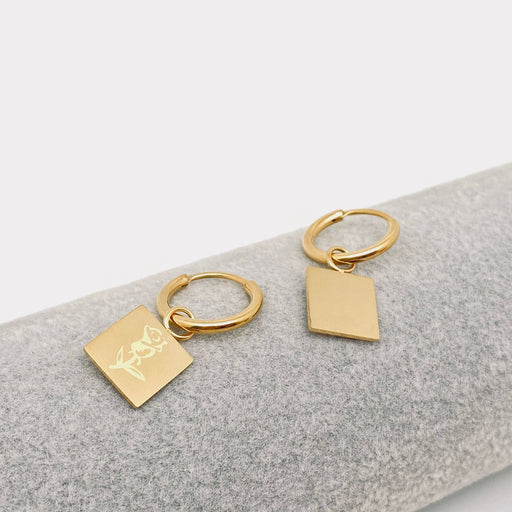 Rose Square Charm 18K Gold Plated Huggie Earrings - FGS