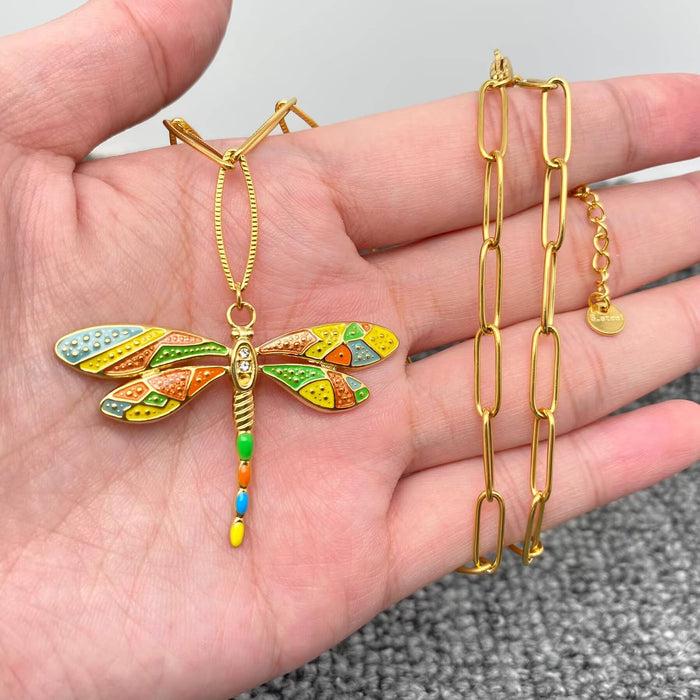 18K Gold Plated SS Enamel Dragonfly Charm Necklace - FGS