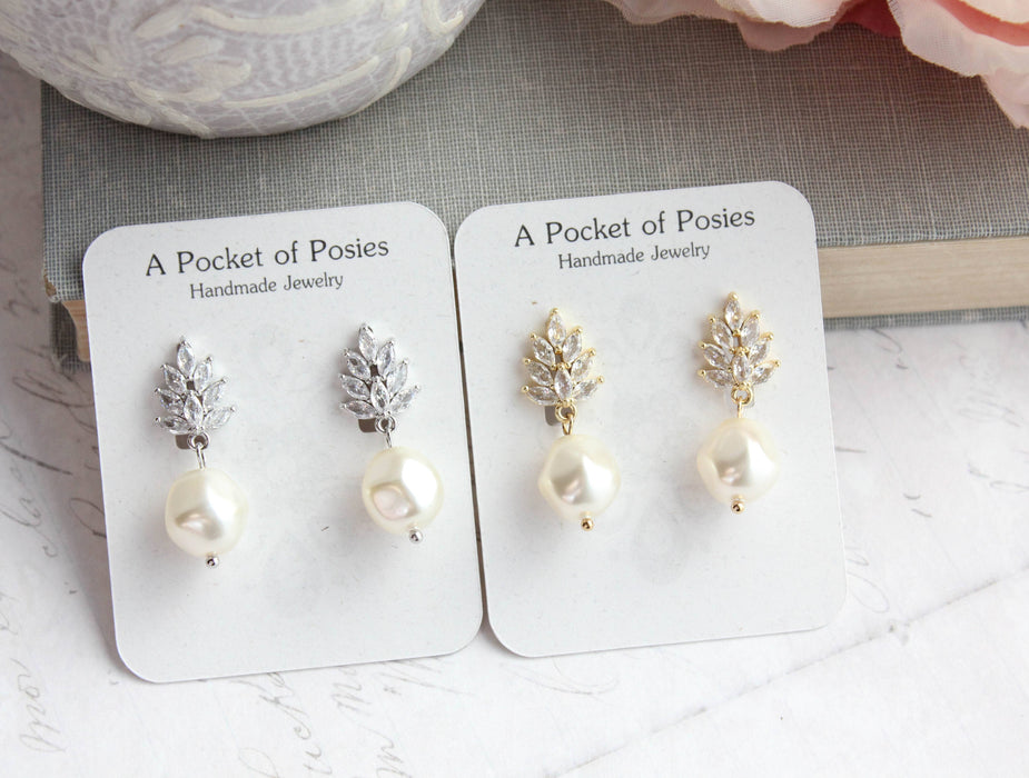 Glass Leaf Post Earrings | Baroque Pearl | Gold or Silver