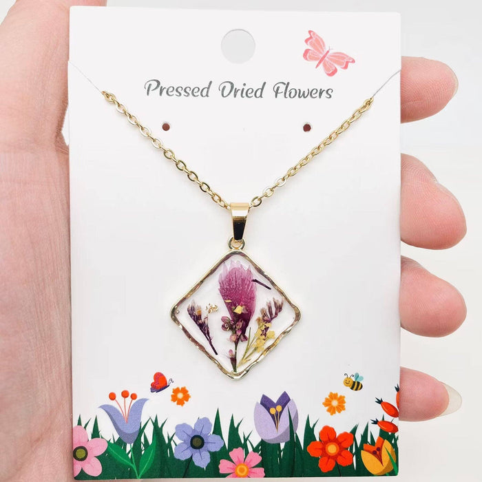 Floral Square Pendant Pressed Dried Flowers Necklace