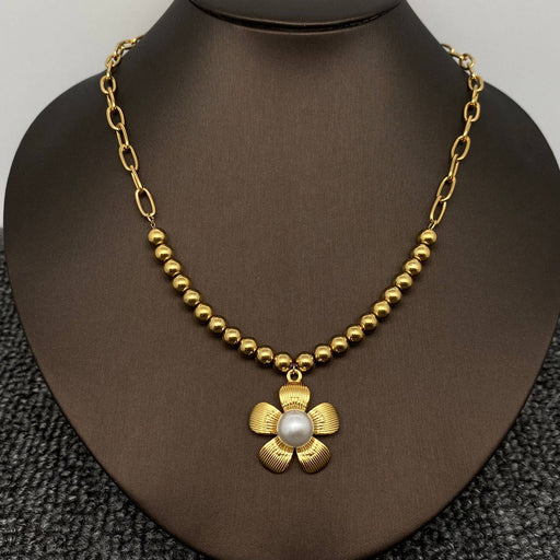 Inlaid Pearl Flower Charm 18K Gold Plated SS Necklace - FGS