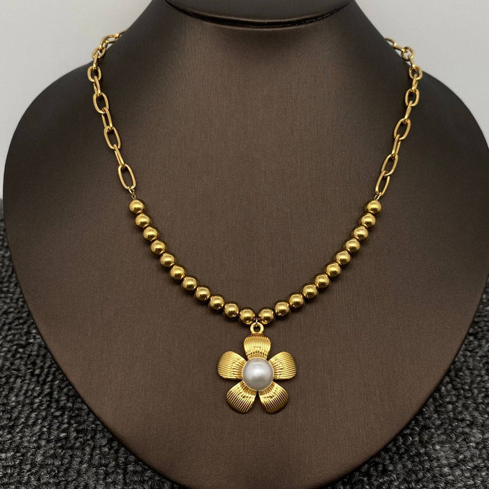 Inlaid Pearl Flower Charm 18K Gold Plated SS Necklace - FGS