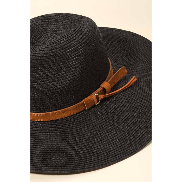 Faux Leather Belt Straw Fedora Hat