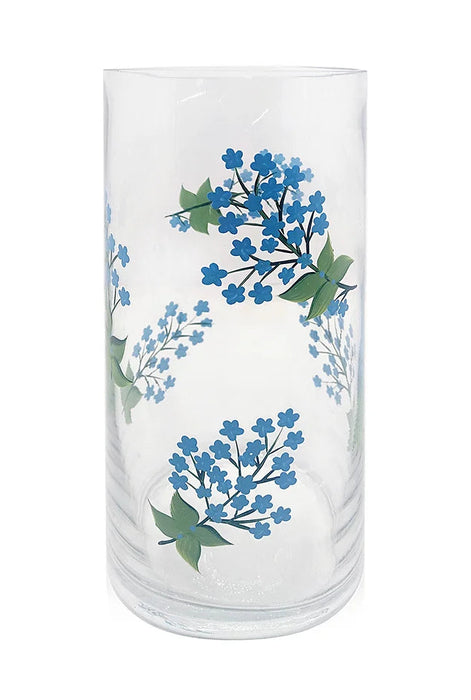 Vase Glass 10"x5" Blue Flowers