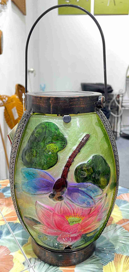 Solar Lantern Green w/ Dragonfly & Lotus
