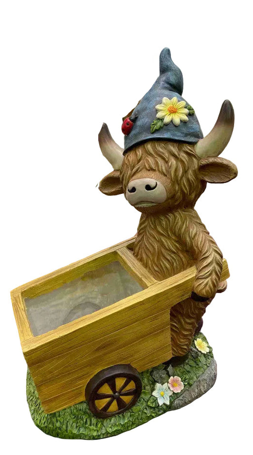 Highland Cow Brown w/Wheel Barrow Planter