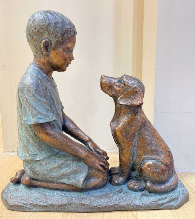 Boy With His Puppy Bronze-look