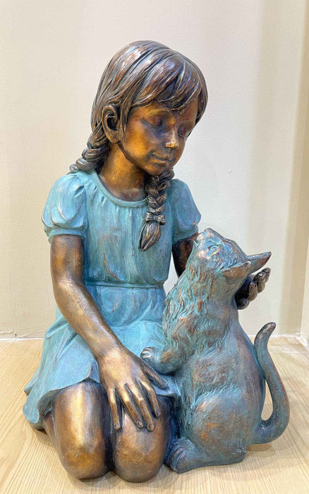 Girl Kneeling with Cat Bronze-look
