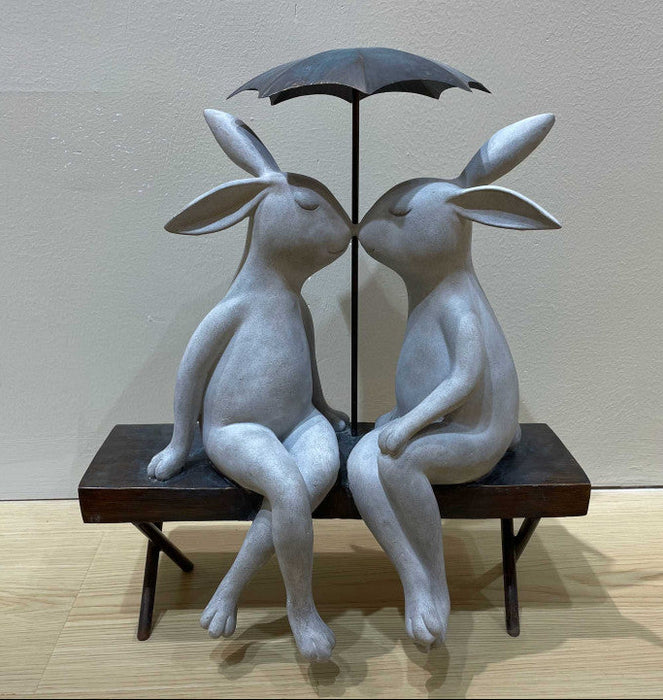 Bunnies Under Umbrella on Bench Gray