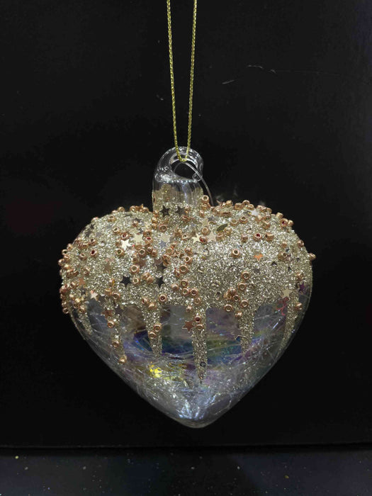 Orn Glass Heart with Gold Beads