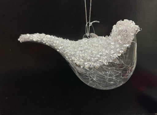Orn Bird Glass Crackle with White Beads