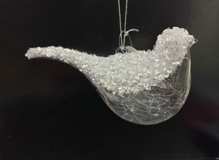 Orn Bird Glass Crackle with White Beads
