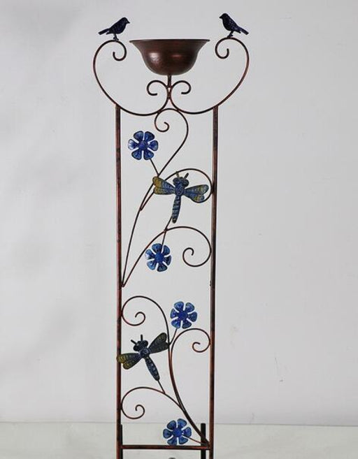 Garden Stake w/Bowl, Birds Dragonflies & Flowers