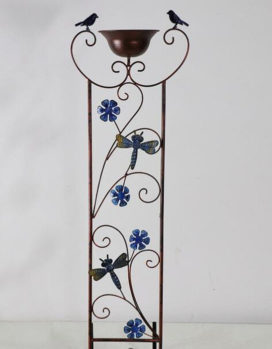 Garden Stake w/Bowl, Birds Dragonflies & Flowers