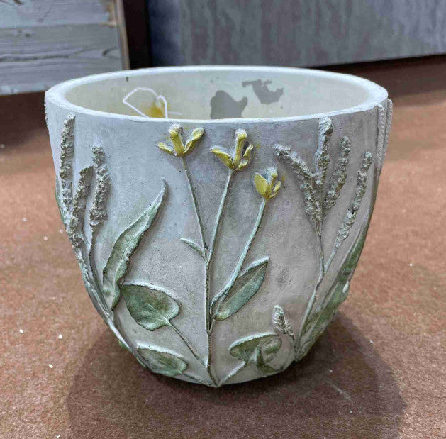 Pot Cement Grey w/Flowers 6.5"