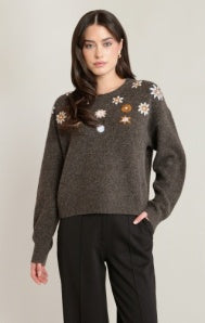 Embroidered Flower Sweater-Espresso Heather