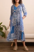COMBO PRINT DRESS W/ CUTS - ULTRABLUE