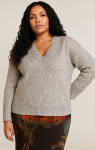 V-Neck Sweater Top-Oatmeal Grey Heather-DP