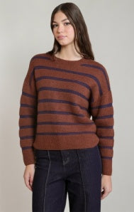 Stripe Crewneck Sweater-Rustic Brown/Blue