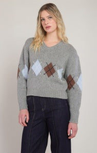 Argyle Sweater Top-Med Grey Mix