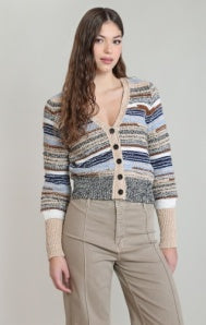 Melange Striped Cardigan-Ecru/Navy