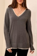 CHARCOAL L/S V NECK SWEATER W/TIPING