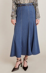 Belted Denim Skirt-Mid Blue Wash