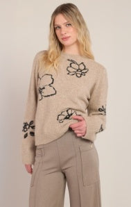 Flower Crewneck Sweater-Taupe
