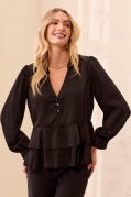 BLACK L/S BLOUSE W/ TIERED HEM
