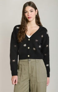 Embroidered flower Cardigan-Black