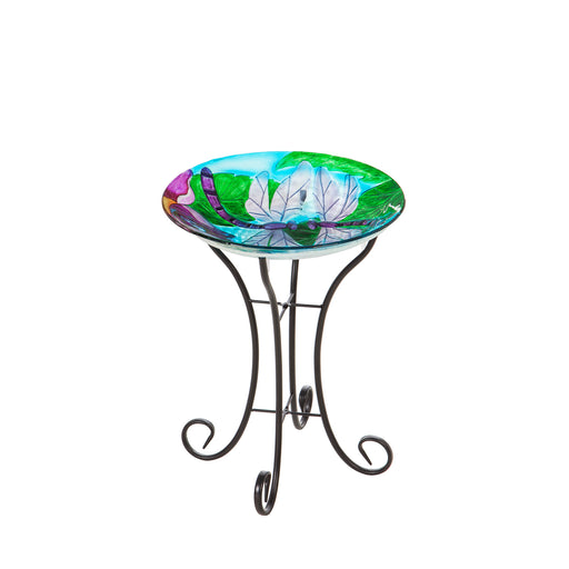 Glass Solar Bird Bath with Stand Dragonfly Duo