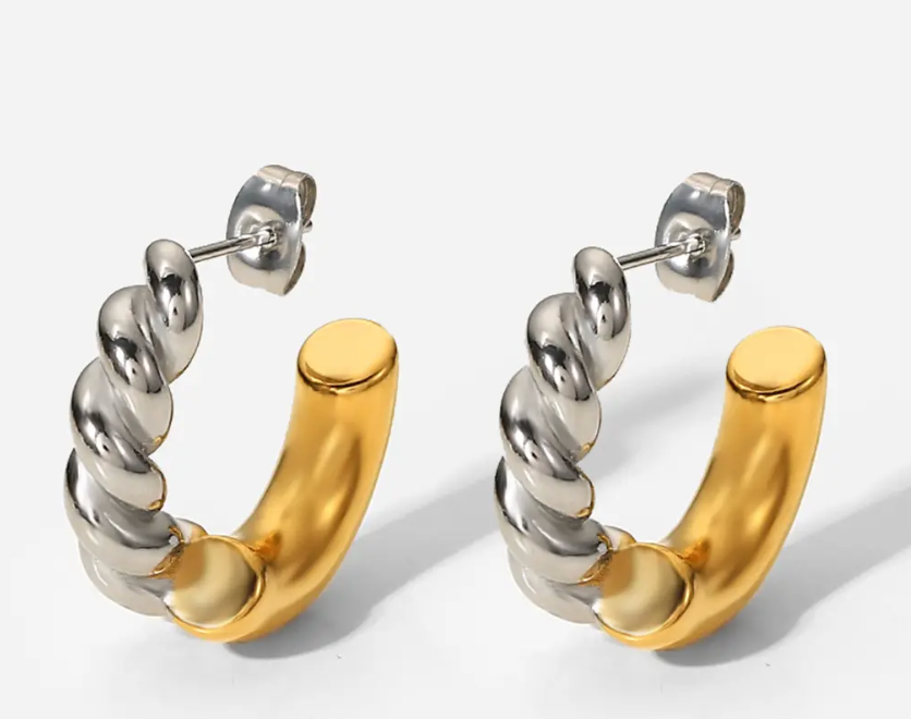 Twisted Two-Tone mixed metal Croissant  Hoop Earring