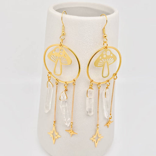 Mio Queena - Bohemian Quartz Crystal Golden Mushroom Pendant Earrings