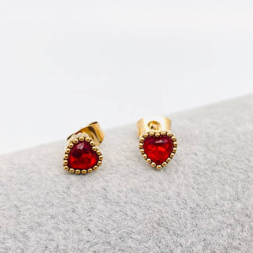 Mio Queena - Inlaid Cubic Zirconia Heart-shaped Gold Plated Ear Studs: Red